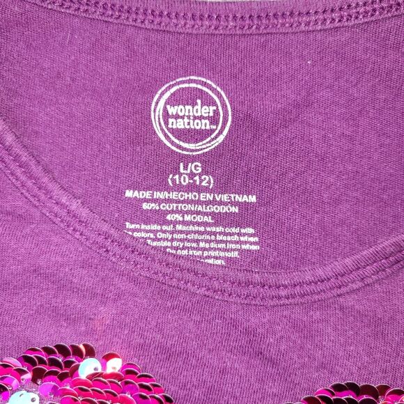 Wonder Nation L 10/12 girls flip sequin graphic long sleeve ruffle purple top - Picture 2 of 2
